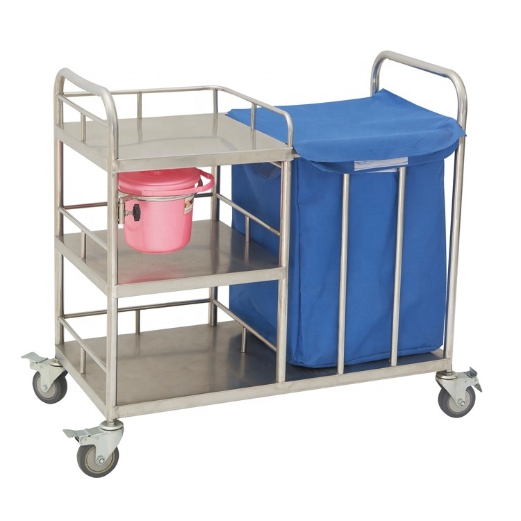 stainless steel housekeeping trolley three shelves with one bag hospital laundry trolley CY-D400