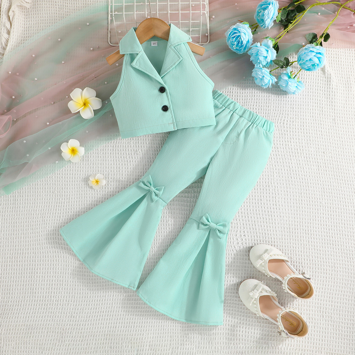 Summer Sets For Girls Solid Sleeveless Jacket Bell Bottom Bows Pant 2Pcs Baby Clothing Girls Beautiful Clothes For Children 2024