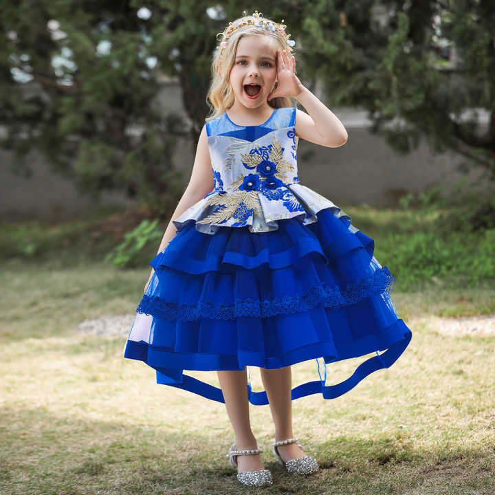 Summer wear princess party outfits girl embroidered beaded tutu trailing dress girl princess party birthday dress 4 colors