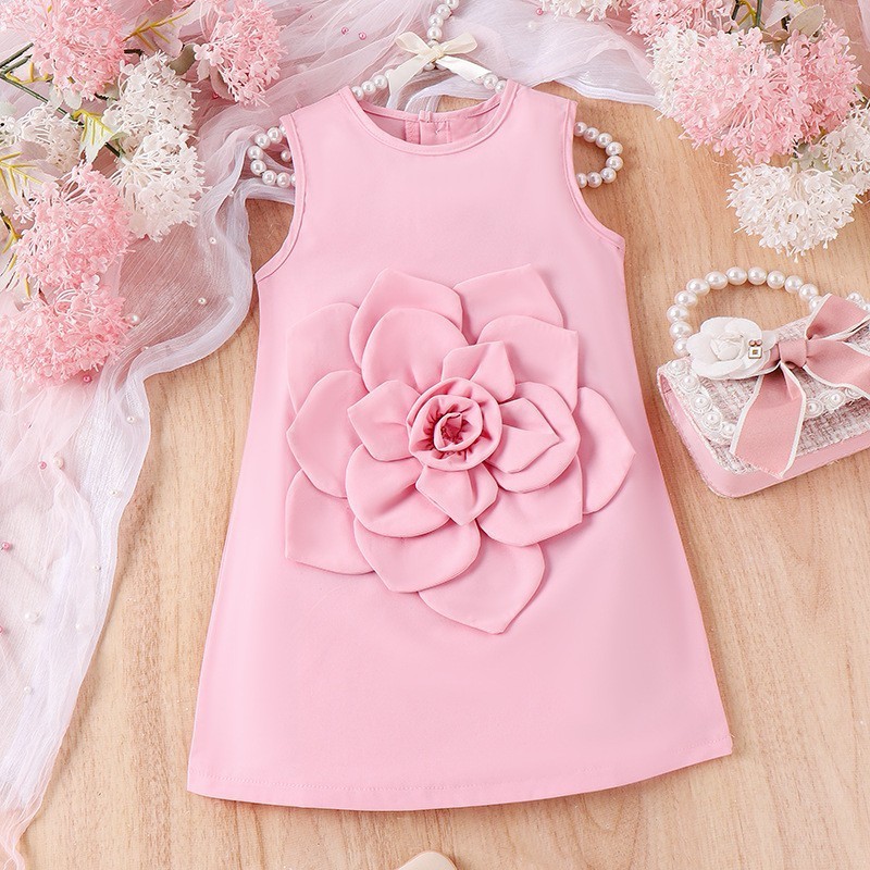 Girls Boutique Clothing 4-7Y Super 3D Flower Sleeveless Dress For Children Sweet Pink Solid A-line Party Girls Dresses 2024