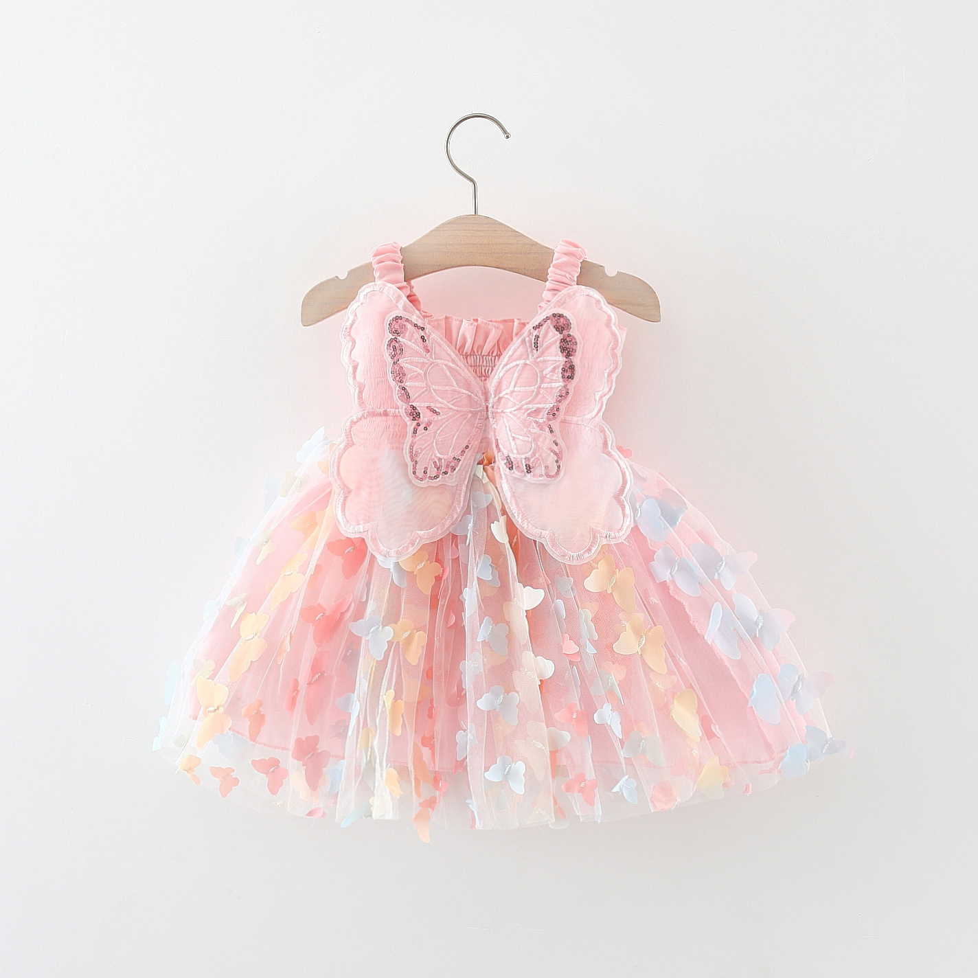 2023 Cotton Dress Girls Kds New Full Body Butterfly Wing Suspender Girls Dresses Rainbow Gauze Birthday Party Dress For Girls