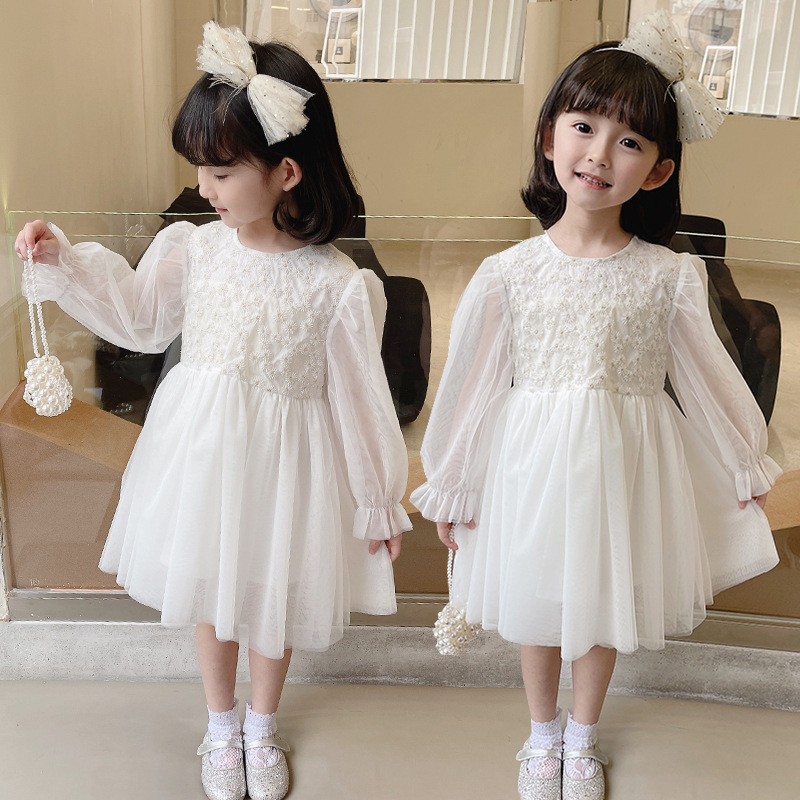 Wedding Dress for Girls children Elegant White Bridesmaid Lace Flower Long Sleeve Tutu Evening Gowns Girl Dresses