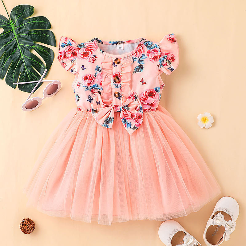 2024 Ropas De Bebe Nias Summer Flying Sleeve Floral Skirt With Bow Toddler Infant Party Dress Newborn Princess Dresses For Baby