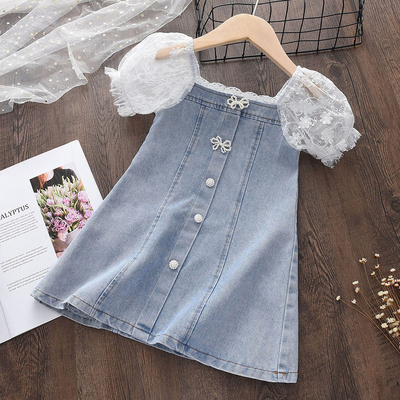 Summer Pearl A-Line Bow Lace Baby Girls Denim Dresses Fashion Girls Seersucker Sleeve Splicing Denim Frock Party Kids Dress