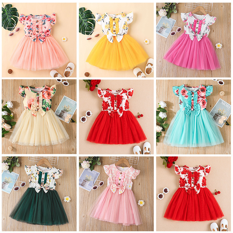 2024 Ropas De Bebe Nias Summer Flying Sleeve Floral Skirt With Bow Toddler Infant Party Dress Newborn Princess Dresses For Baby