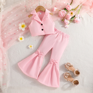 Summer Sets For Girls Solid Sleeveless Jacket Bell Bottom Bows Pant 2Pcs Baby Clothing Girls Beautiful Clothes For Children 2024