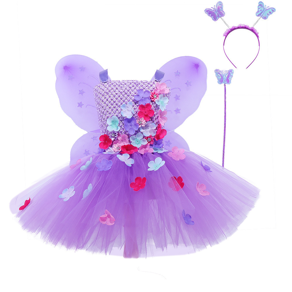 2023 New Design Purple Butterfly Lace Tulle Girl Dress Up Tutu Skirt Princess Dress Can be Worn with Accessories