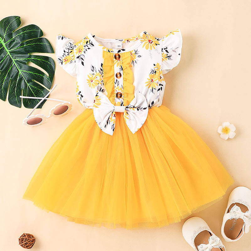 2024 Ropas De Bebe Nias Summer Flying Sleeve Floral Skirt With Bow Toddler Infant Party Dress Newborn Princess Dresses For Baby