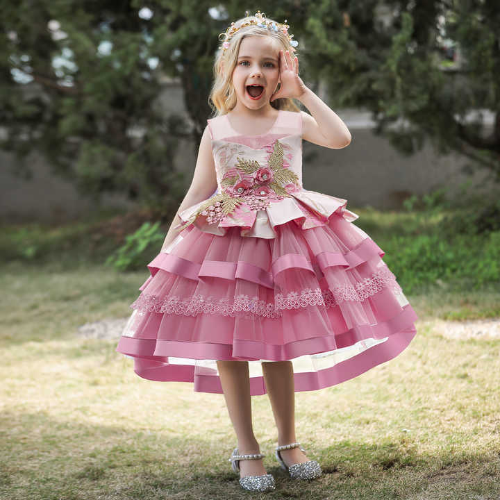 Summer wear princess party outfits girl embroidered beaded tutu trailing dress girl princess party birthday dress 4 colors