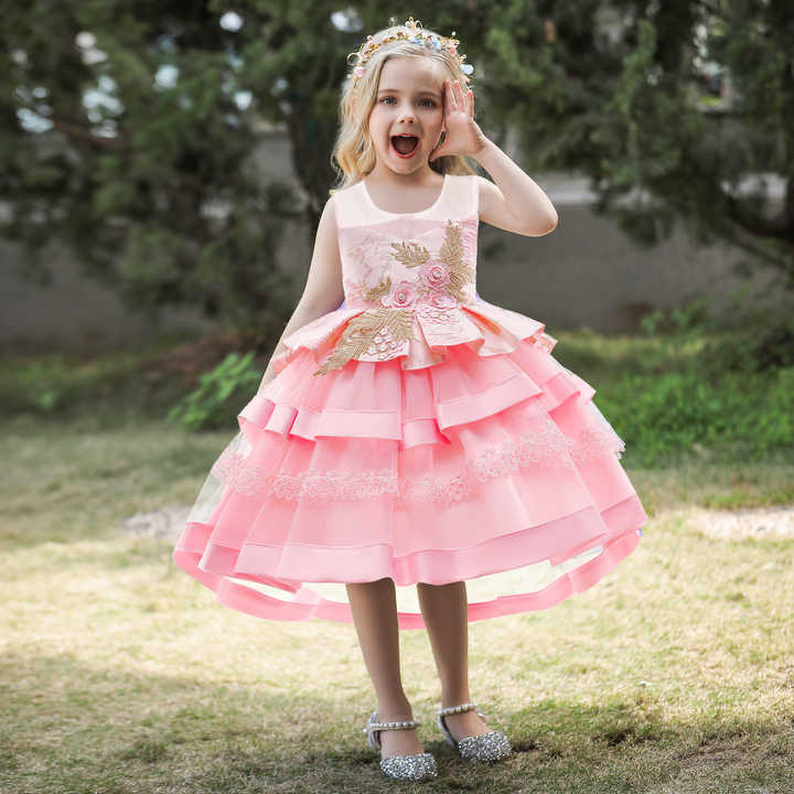 Summer wear princess party outfits girl embroidered beaded tutu trailing dress girl princess party birthday dress 4 colors