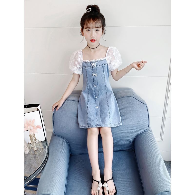 Summer Pearl A-Line Bow Lace Baby Girls Denim Dresses Fashion Girls Seersucker Sleeve Splicing Denim Frock Party Kids Dress