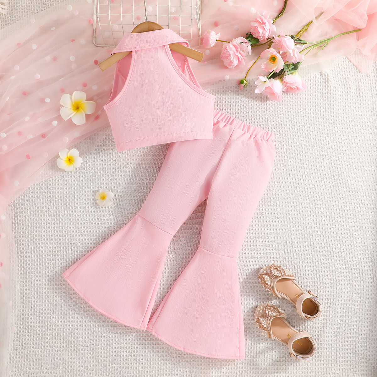 Summer Sets For Girls Solid Sleeveless Jacket Bell Bottom Bows Pant 2Pcs Baby Clothing Girls Beautiful Clothes For Children 2024