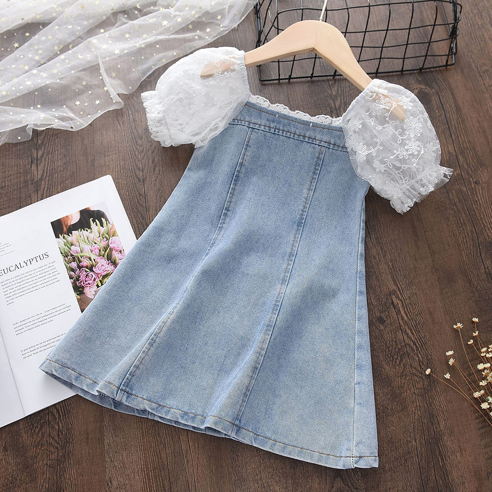 Summer Pearl A-Line Bow Lace Baby Girls Denim Dresses Fashion Girls Seersucker Sleeve Splicing Denim Frock Party Kids Dress