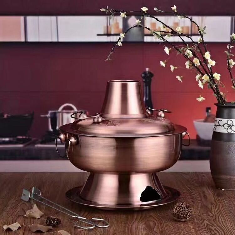 Chinese Traditional Style Stainless Steel Charcoal Hot Pot Cooking Copper Soup Pot Charcoal Burner Chimney Stockpot