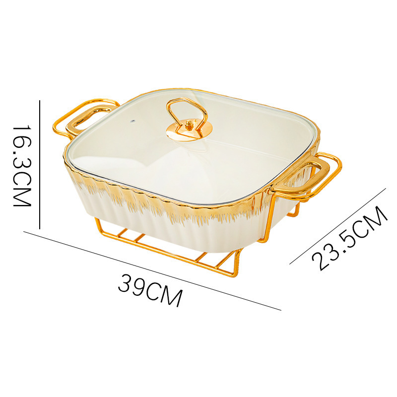 Rectangular ceramic casserole pot baking dish tableware candle fire heating hotel dry soup pot with golden rack