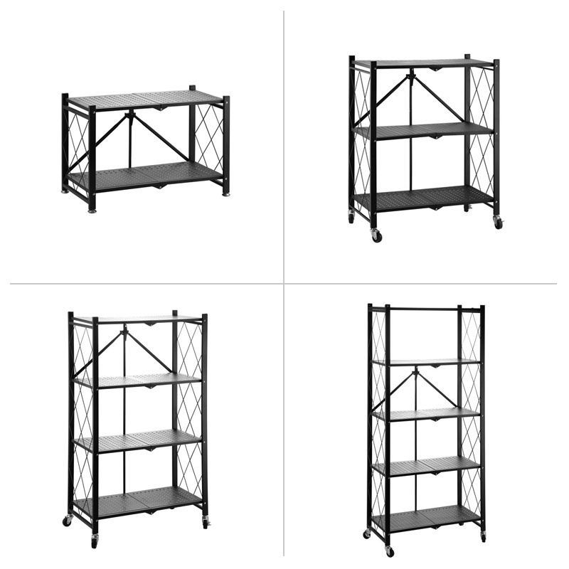 Installation-free floor multifunctional metal  home kitchen storage rack folding shelf with wheels