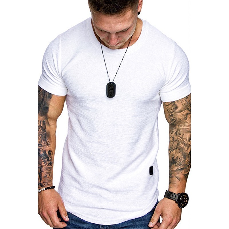 Custom Logo Curved Scoop Cotton Men's T Shirt With Leather Label Hem Round Bottom Scallop Plain Supima Bamboo Slub