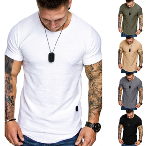 Custom Logo Curved Scoop Cotton Men's T Shirt With Leather Label Hem Round Bottom Scallop Plain Supima Bamboo Slub