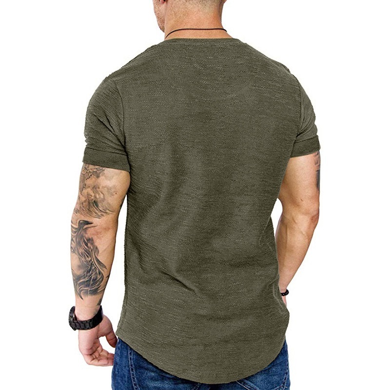 Custom Logo Curved Scoop Cotton Men's T Shirt With Leather Label Hem Round Bottom Scallop Plain Supima Bamboo Slub