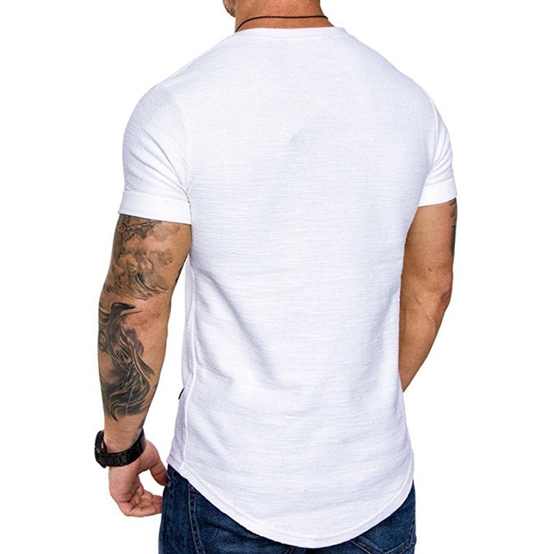 Custom Logo Curved Scoop Cotton Men's T Shirt With Leather Label Hem Round Bottom Scallop Plain Supima Bamboo Slub