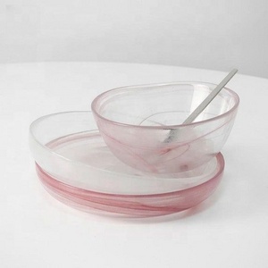 Wholesale Fashion Home Restaurant Pink White Cloud Glass Plate Bowl Set Dinnerware Set