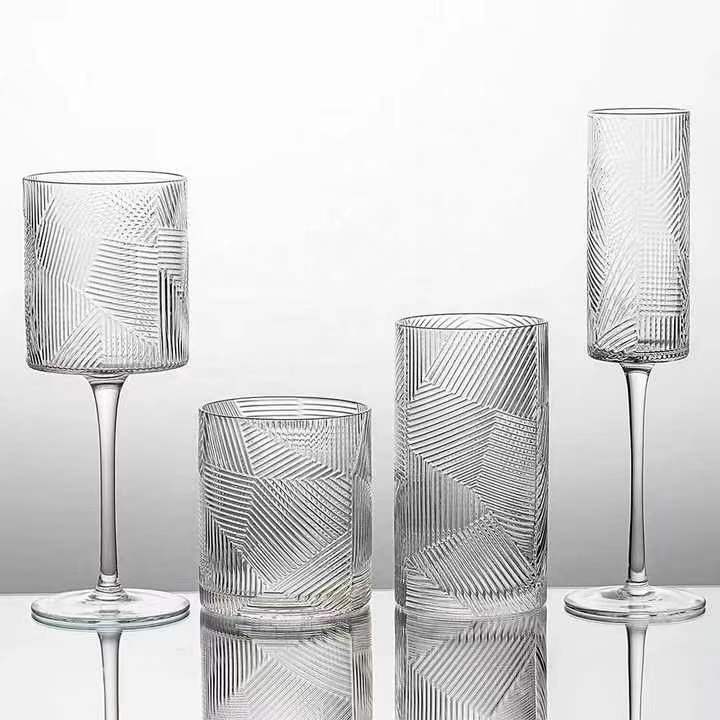 Factory Wedding Striped Design Stemmed Events Straight Square Wine Glasses Set/Amber/Pink Thread Cylindrical Champagne Glasses