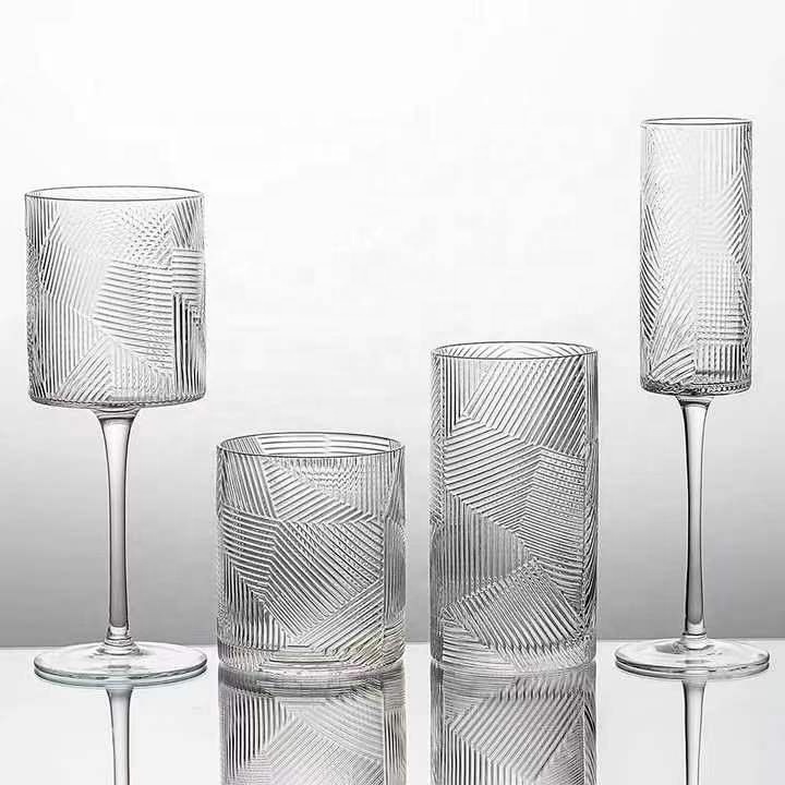 Factory Wedding Striped Design Stemmed Events Straight Square Wine Glasses Set/Amber/Pink Thread Cylindrical Champagne Glasses