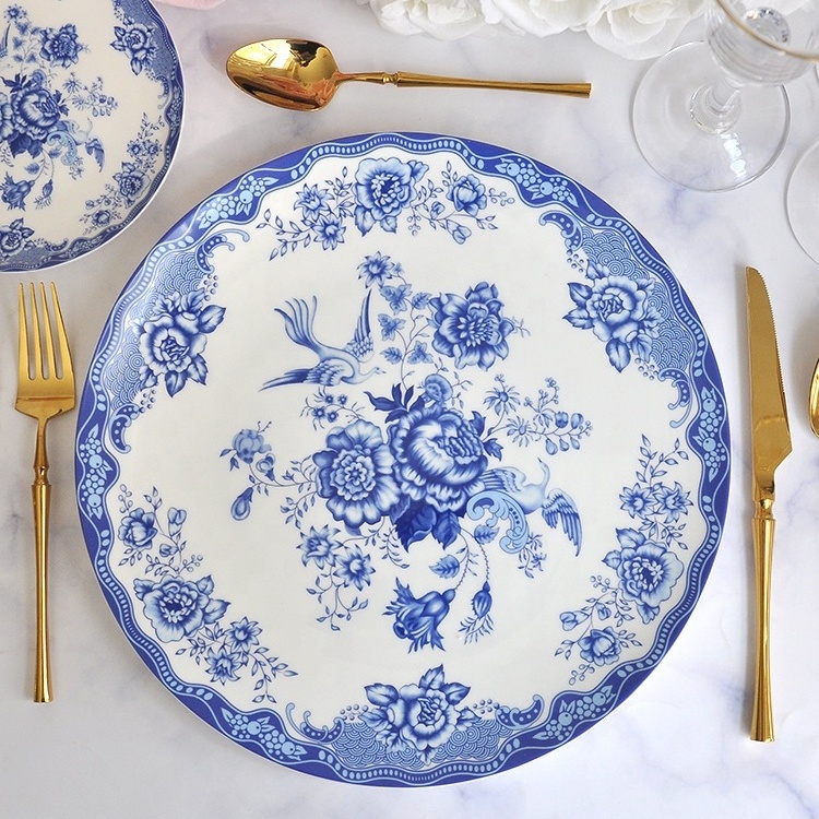 Custom Printed Blue Bone China Dinner and Dessert Plate Set Contemporary Hotel Porcelain Bread and Dish Set for Gifting