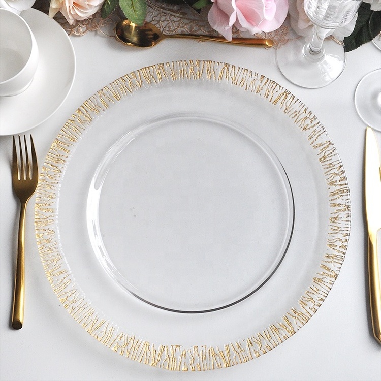 Wholesale clear and silver Crystal glass dinnerware set  bulk Gold Contemporary charger plates for wedding event