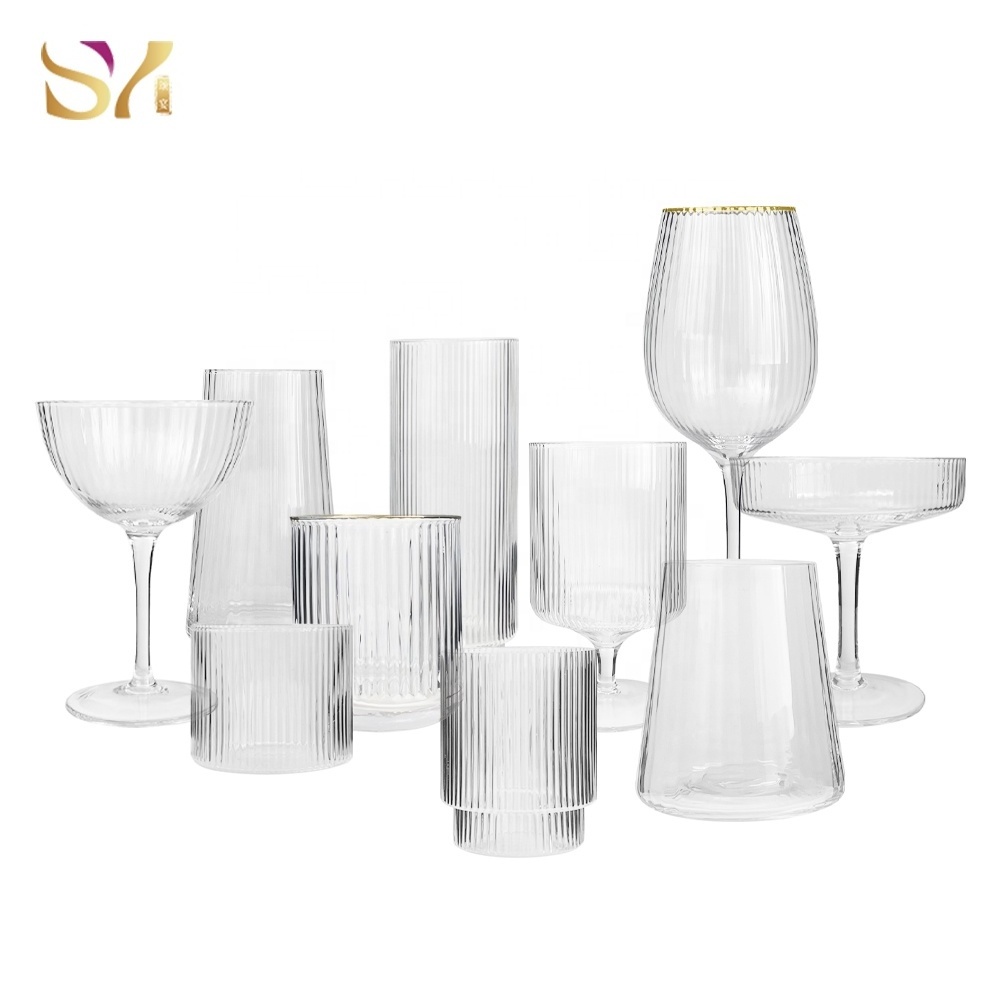 Bulk customized ribbed drinking glasses short stem wine glass tumbler glassware set with gold silver rim