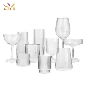 Bulk customized ribbed drinking glasses short stem wine glass tumbler glassware set with gold silver rim