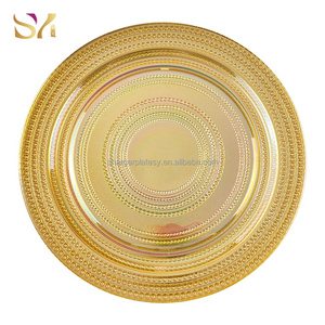 wholesale crystal vintage blue glass plate in bulk Shiny Gold 13inch charger plates for wedding party