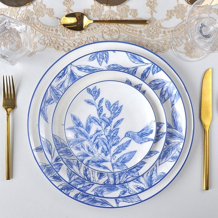 Custom Printed Blue Bone China Dinner and Dessert Plate Set Contemporary Hotel Porcelain Bread and Dish Set for Gifting