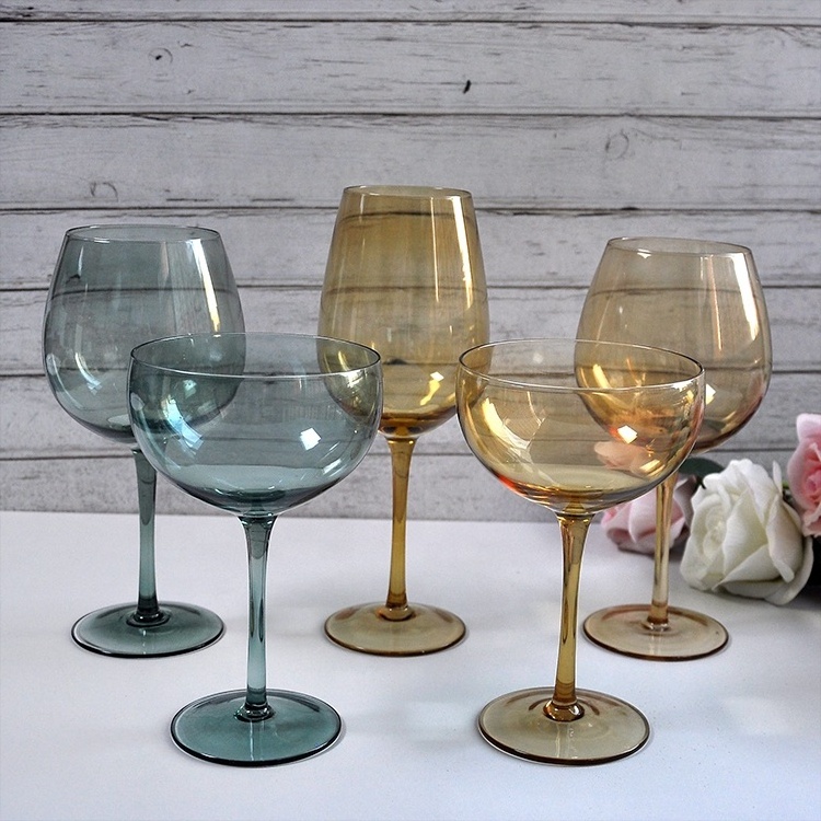 wholesale Mouth blown yellow glassware wedding goblet Light blue stemware amber wine glasses