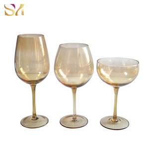 wholesale Mouth blown yellow glassware wedding goblet Light blue stemware amber wine glasses