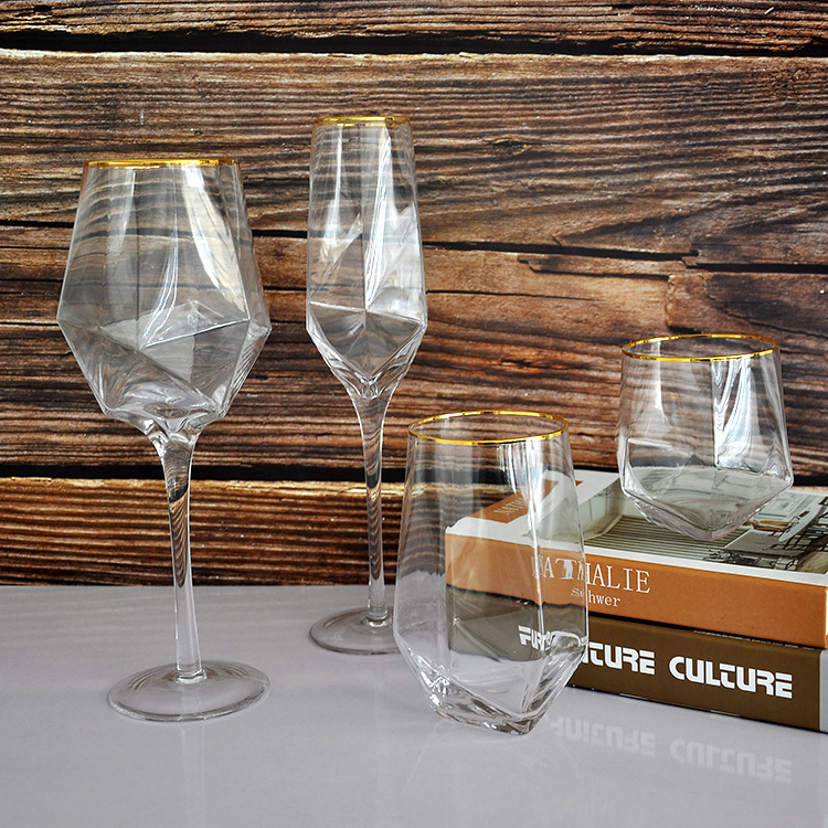 Wholesale clear crystal Glassware diamond  wine glasses geometric champagne glass set for wedding event