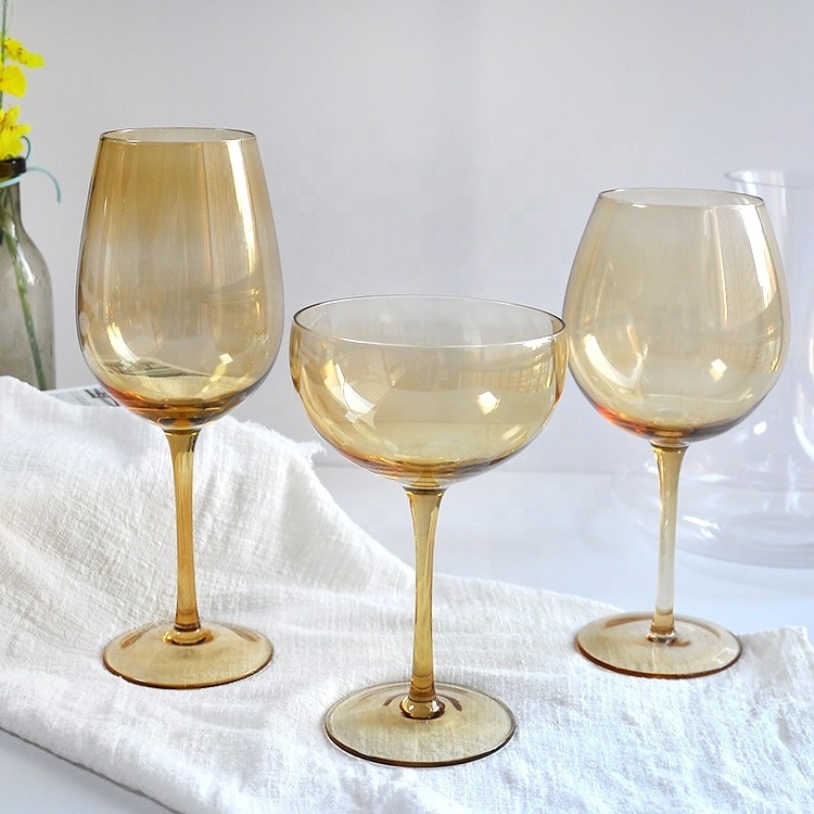 wholesale Mouth blown yellow glassware wedding goblet Light blue stemware amber wine glasses