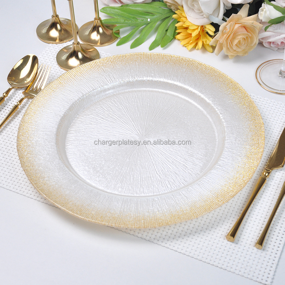 Wholesale clear and silver Crystal glass dinnerware set  bulk Gold Contemporary charger plates for wedding event