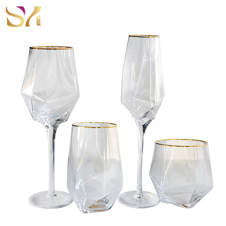 Wholesale clear crystal Glassware diamond  wine glasses geometric champagne glass set for wedding event