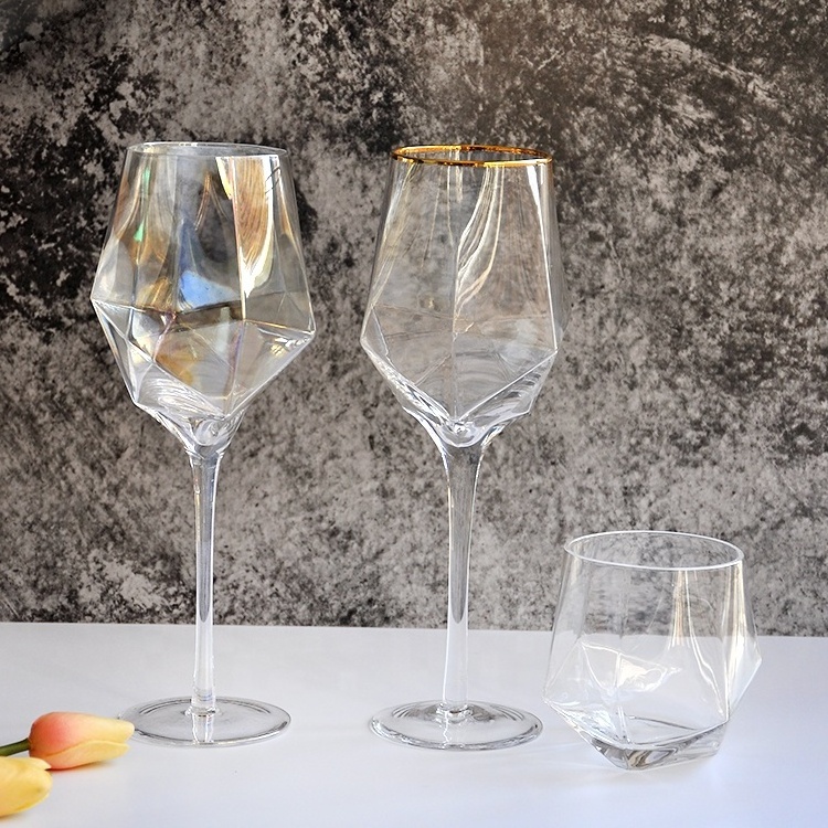 Wholesale clear crystal Glassware diamond  wine glasses geometric champagne glass set for wedding event