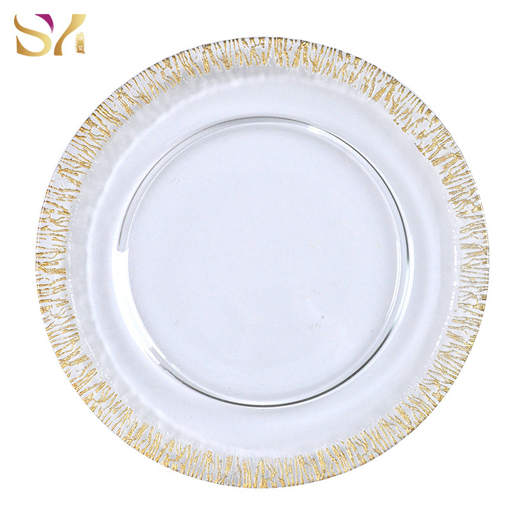 Wholesale clear and silver Crystal glass dinnerware set  bulk Gold Contemporary charger plates for wedding event