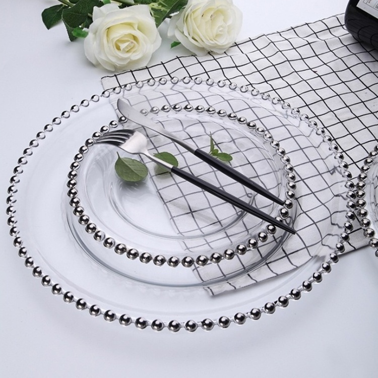 wholesale 13 inch black beaded  clear unique glass antique round charger plate for wedding