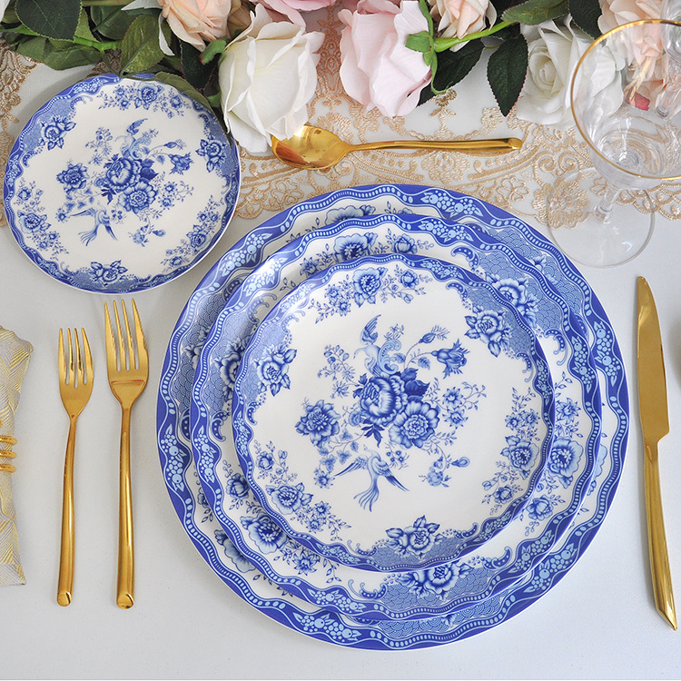 Custom Printed Blue Bone China Dinner and Dessert Plate Set Contemporary Hotel Porcelain Bread and Dish Set for Gifting