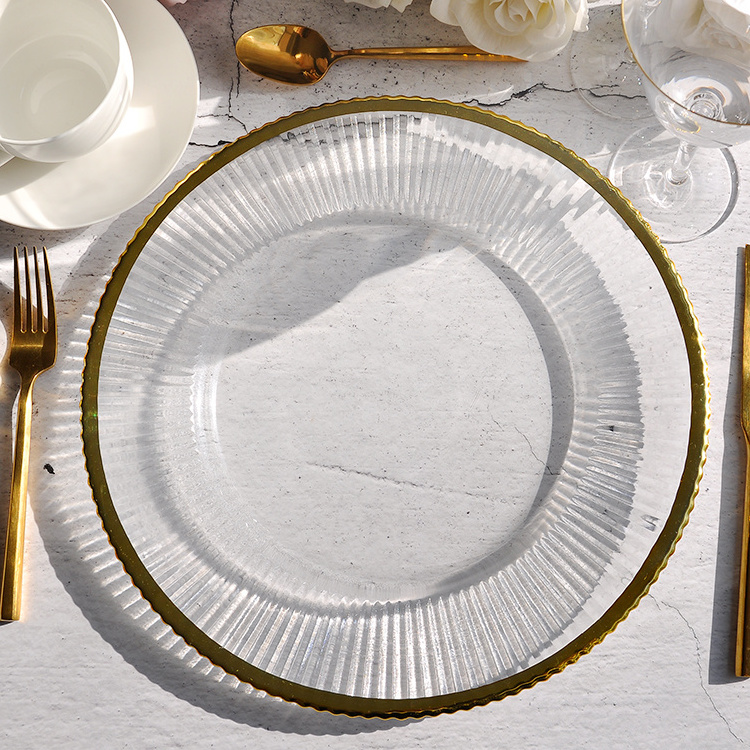 Wholesale  hot sale elegant glass charger plate with gold rim wedding chargers