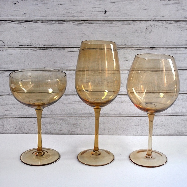 wholesale Mouth blown yellow glassware wedding goblet Light blue stemware amber wine glasses