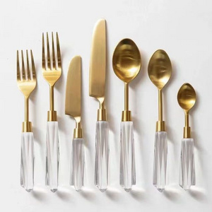 wholesale detachable clear acrylic faceted spiral handle flatware gold fork knife and spoon set