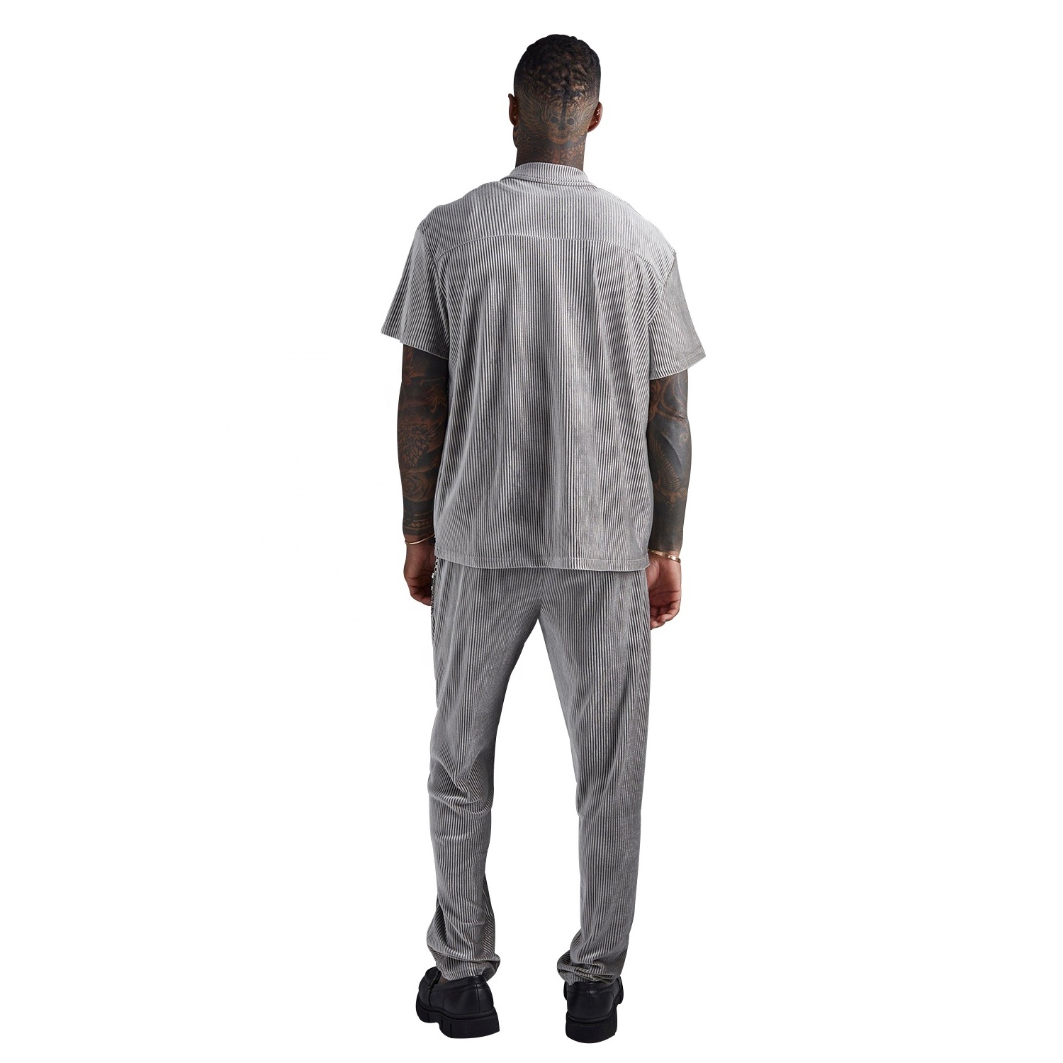 OEM wholesale blank short sleeve pleated velour shirt and trouser sweatsuit custom slim fit jogging velvet tracksuits men