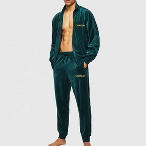 Custom High Quality Green Velour Tracksuit Manufacturer Sportswear Sweatshirt and Sweatpants Set Velvet Tracksuits for Men