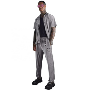 OEM wholesale blank short sleeve pleated velour shirt and trouser sweatsuit custom slim fit jogging velvet tracksuits men