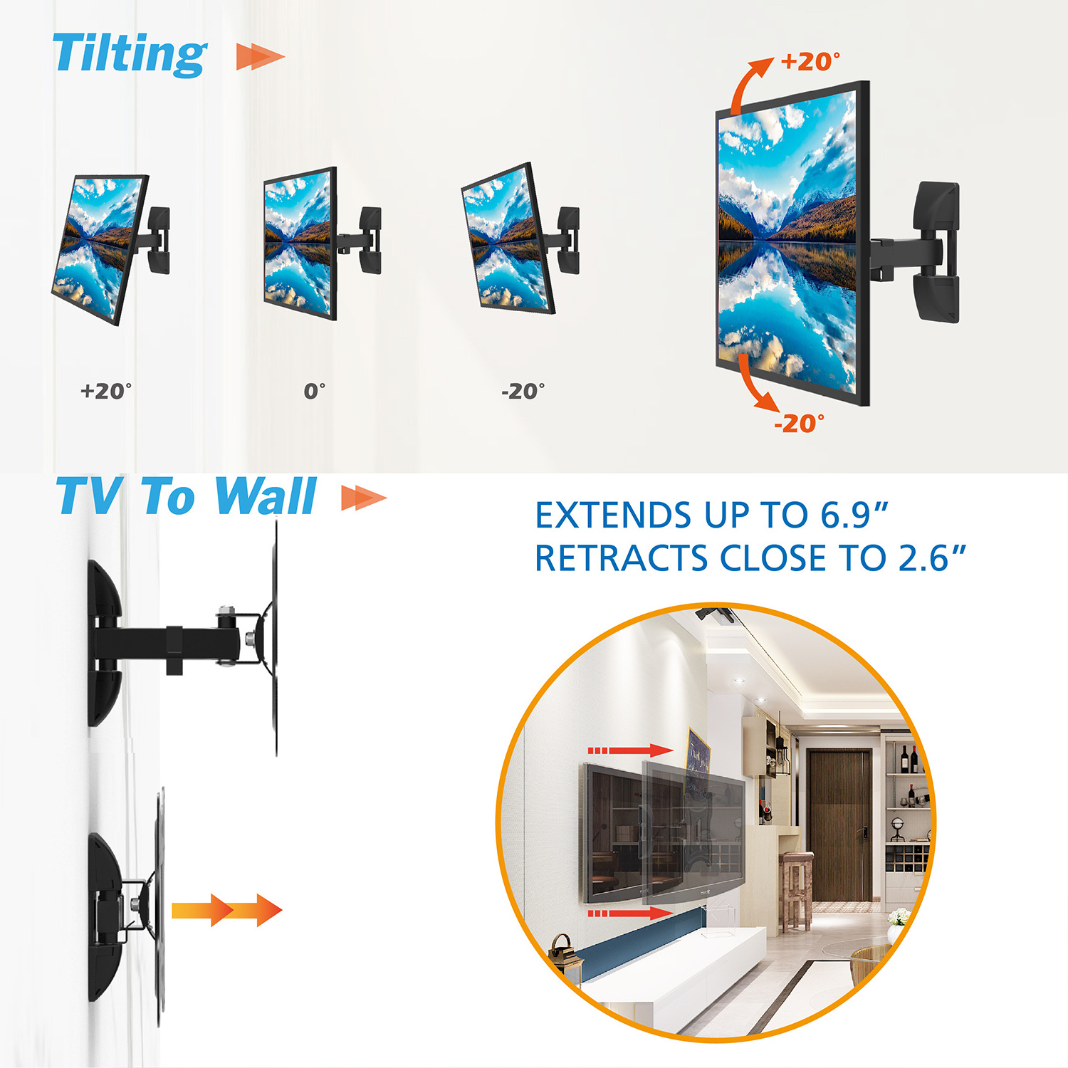 Charmount Swivel TV Wall Mount Max VESA 100x100mm 200x200mm  hold 17-42 Inches Tilt and Swivel Single Arm